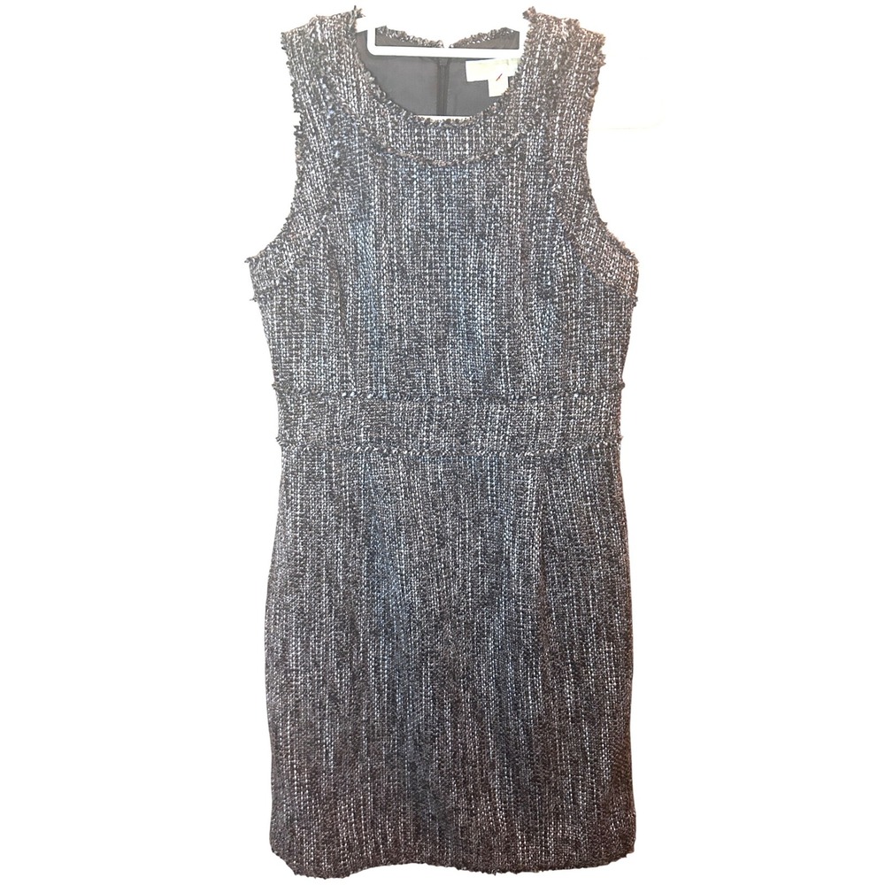 Michael Kors Tweed Sheath Dress Womens 8 Black Gray Excellent Frayed Trim‎ Zip